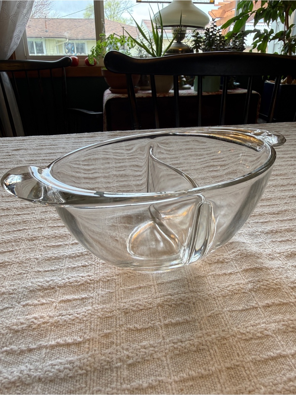 Vintage MCM Clear Divided Glass Serving Bowl with Handles